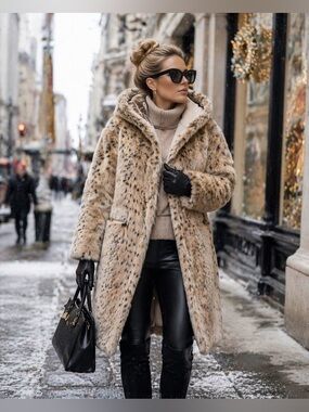 Faux Fur Hooded Long Coat in Beige Spotted